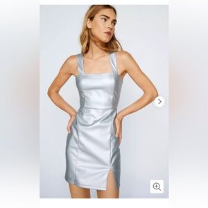 Nastygal Faux Leather Split Front Mini Dress, silver, size 12.